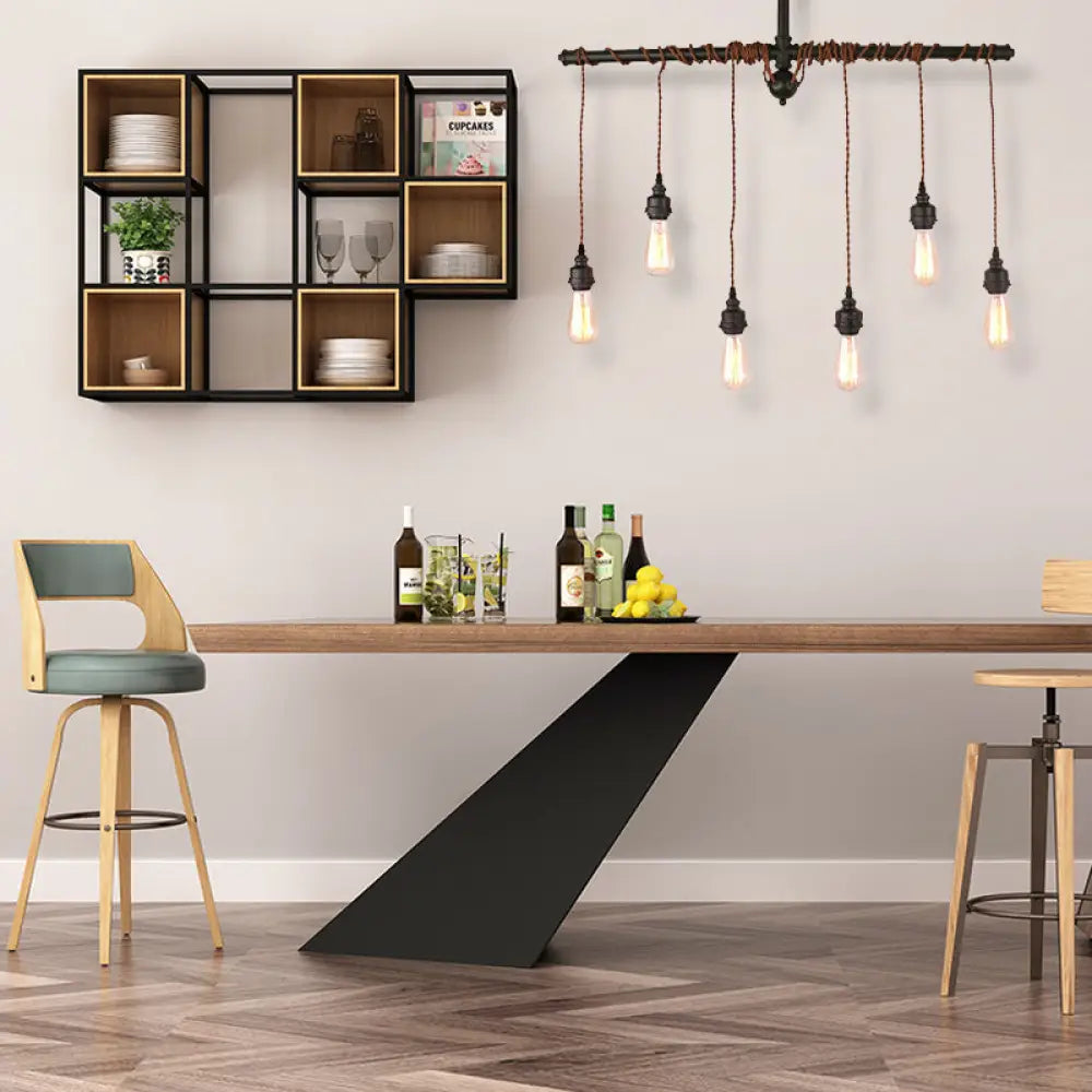 Vintage 6-Light Tubing Pendant Lamp Black Finish With Hanging Bulb - Indoor Ceiling Light Fixture