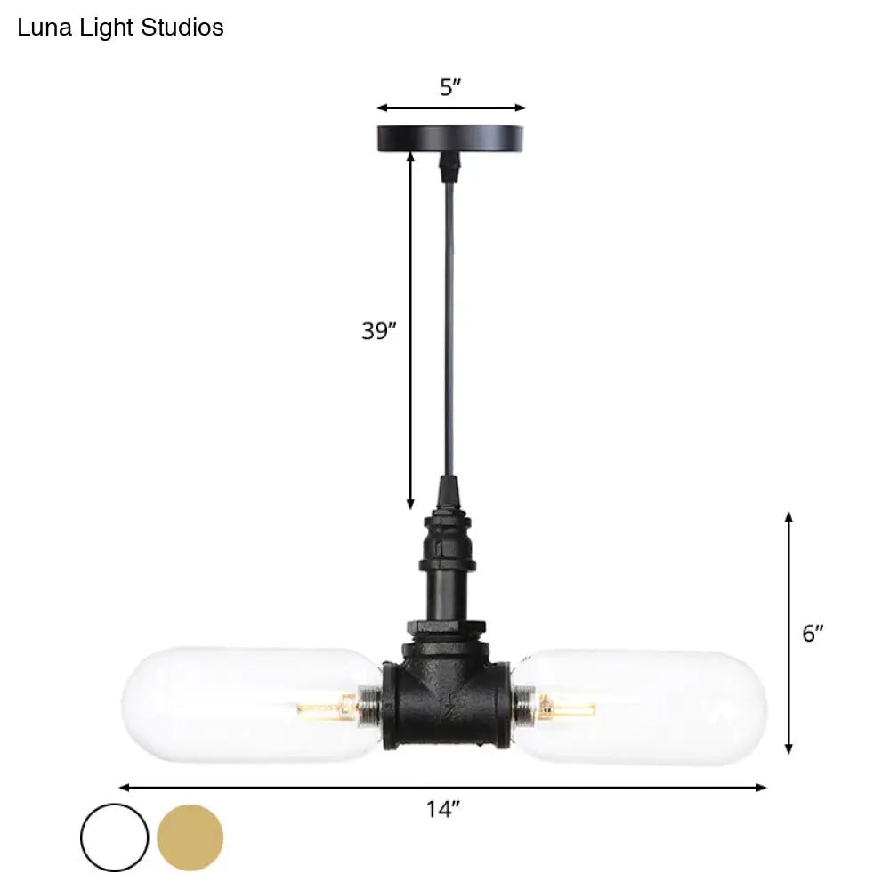 Vintage Amber/Clear Glass Pendant Chandelier With Led Hanging Ceiling Light - 2 Heads Black