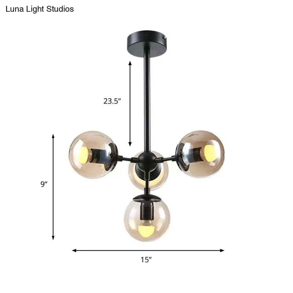 Vintage Amber Glass Orb Chandelier - 4-Light Black Ceiling Fixture For Dining Room