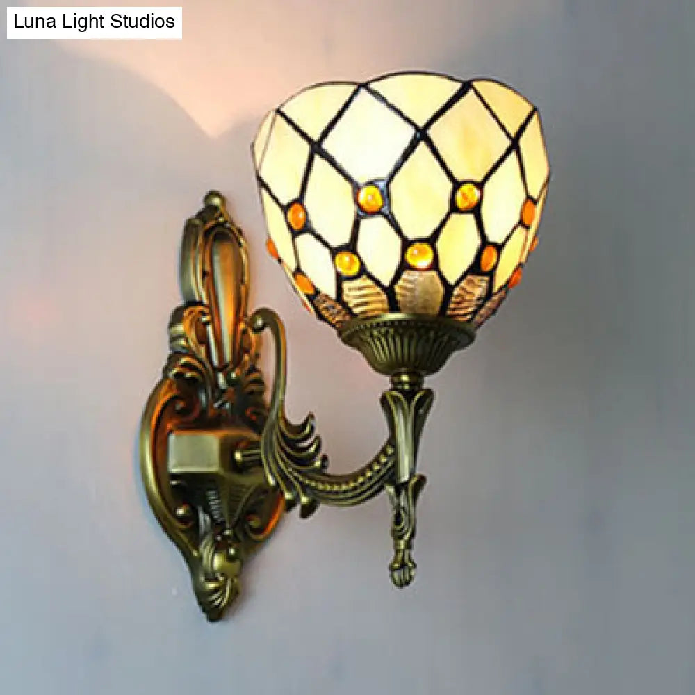 Vintage Beige Glass Wall Sconce For Dining Room - 1 Light Bowl Loft Lighting
