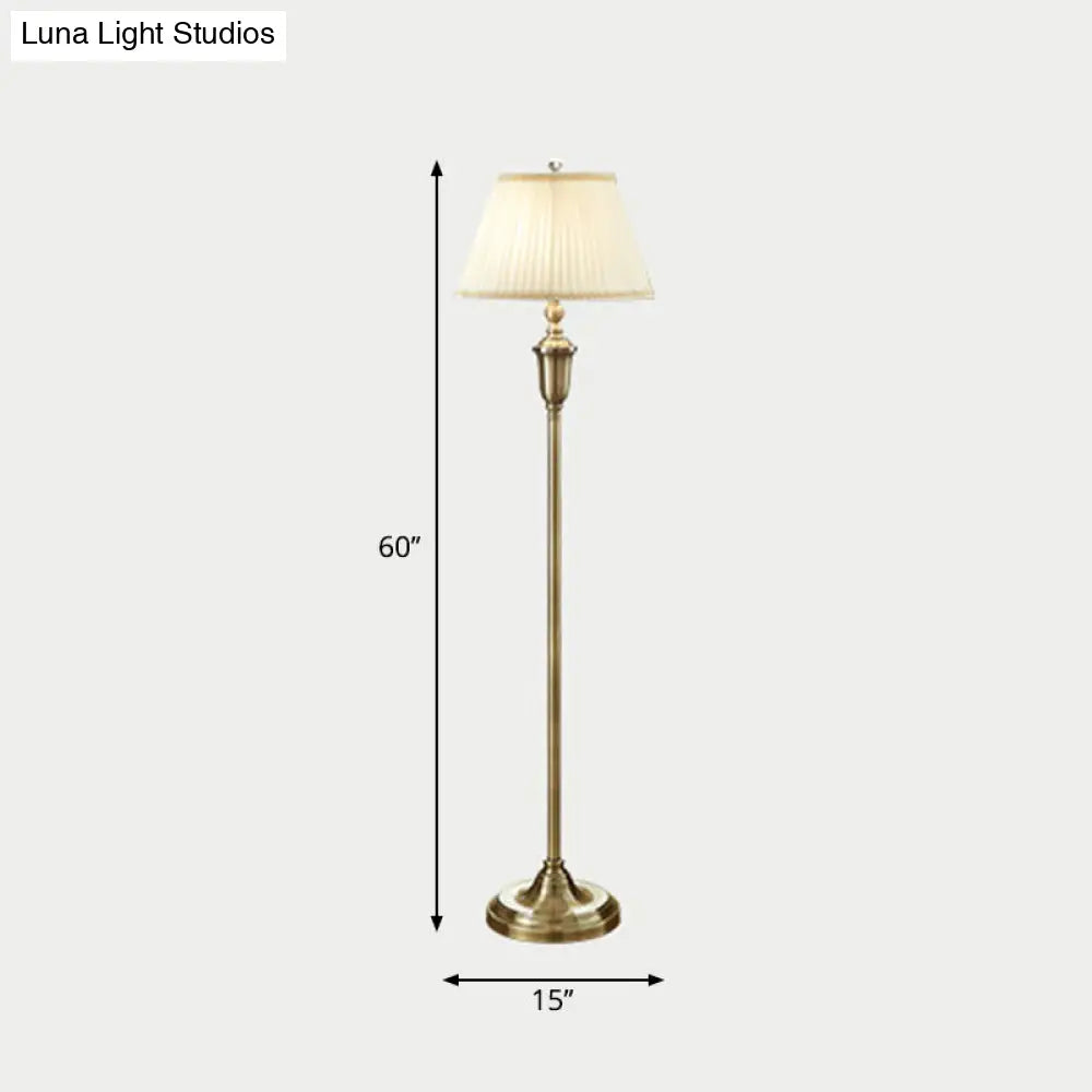 Vintage Beige Pleated Fabric Floor Lamp: Single-Bulb Empire Shade For Living Room