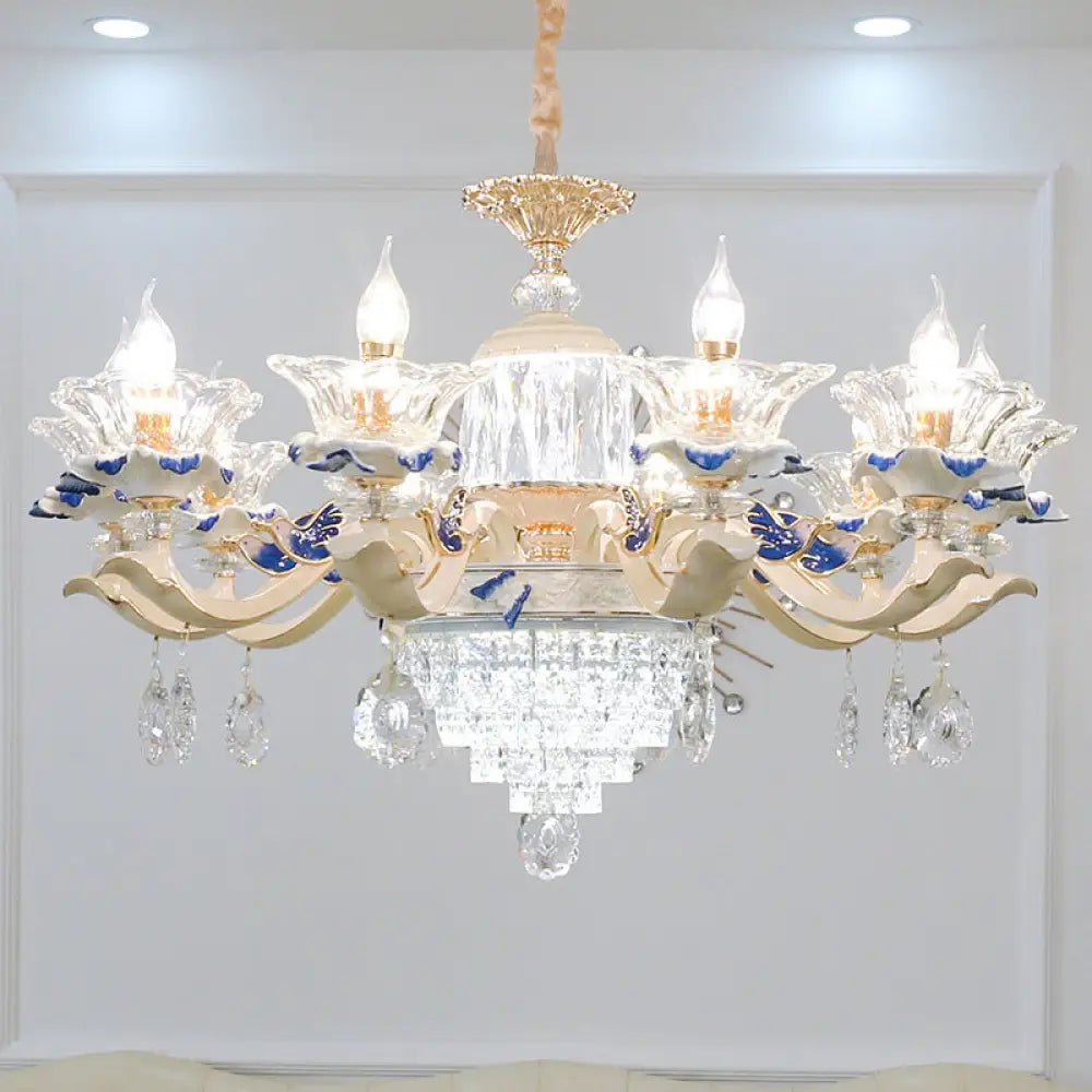 Vintage Beige Ruffle Floral Chandelier Light With Crystal Accent - Faceted Glass For Living Room 10