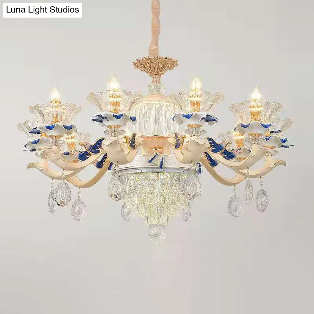 Vintage Beige Ruffle Floral Chandelier Light With Crystal Accent - Faceted Glass For Living Room