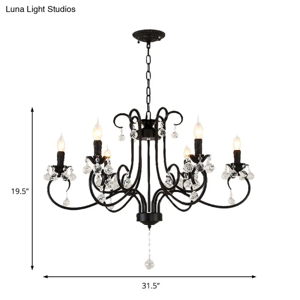 Vintage Bent Arm Frame Ceiling Light - 6/8 Black Lights With Crystal Drop For Living Room