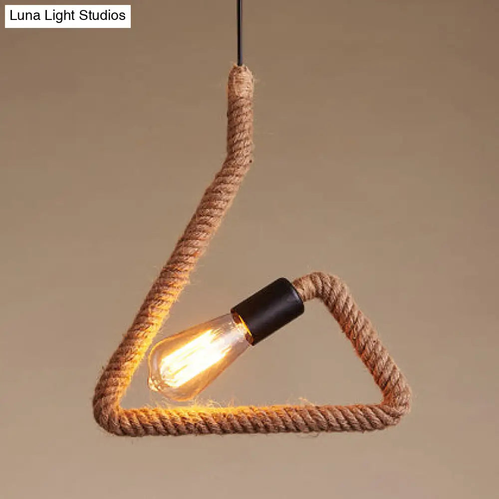 Vintage Black Finish Hemp Rope Suspension Lamp With Unique Triangle/Round Frame Design - 1 Light