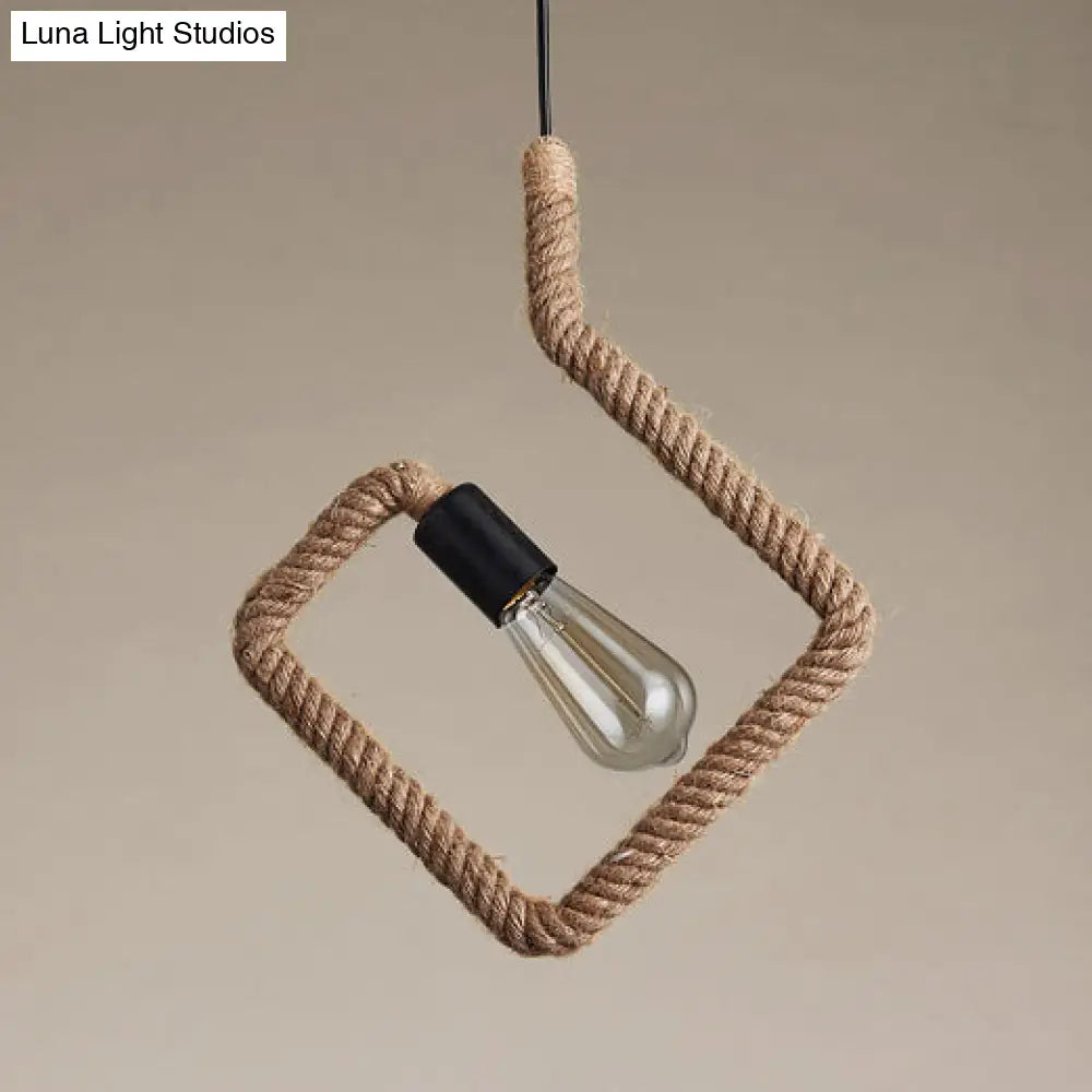 Vintage Black Finish Hemp Rope Suspension Lamp With Unique Triangle/Round Frame Design - 1 Light