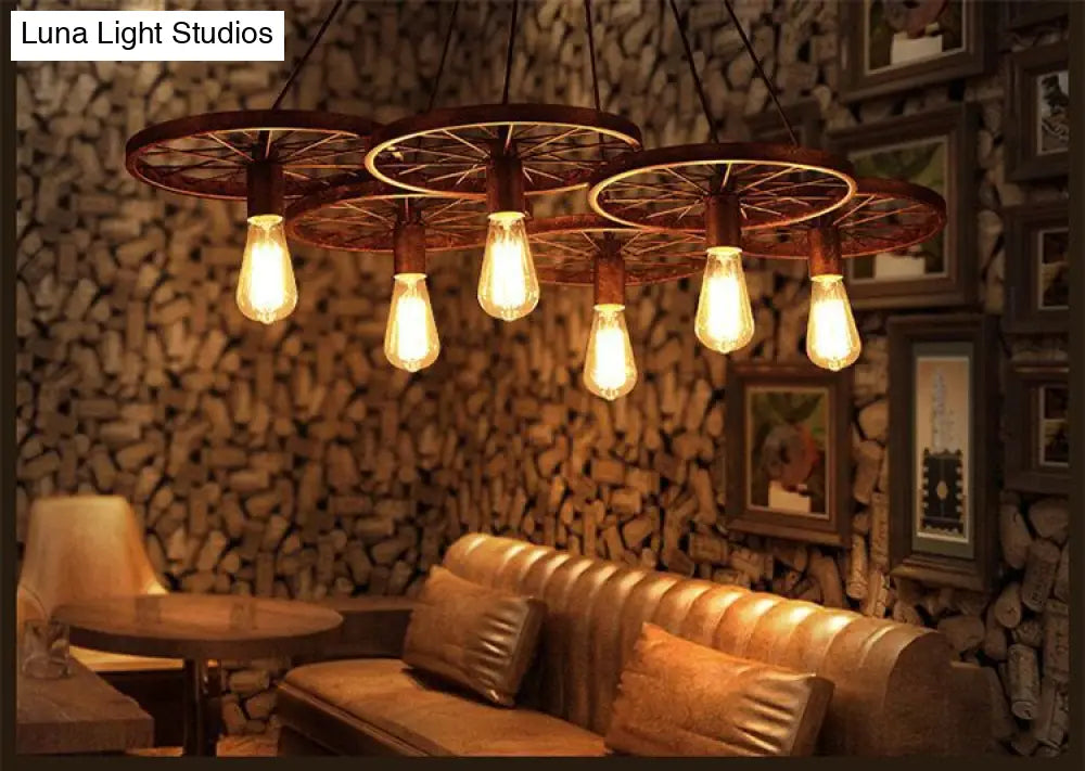 Vintage Black Metal Wagon Wheel Hanging Pendant Light For Coffee Shop Suspension