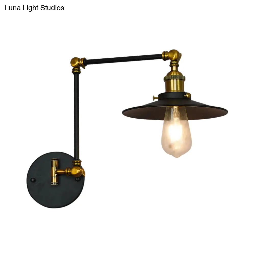 Vintage Black Metal Wall Sconce With Adjustable Arm And Saucer Shade For Living Room Lighting