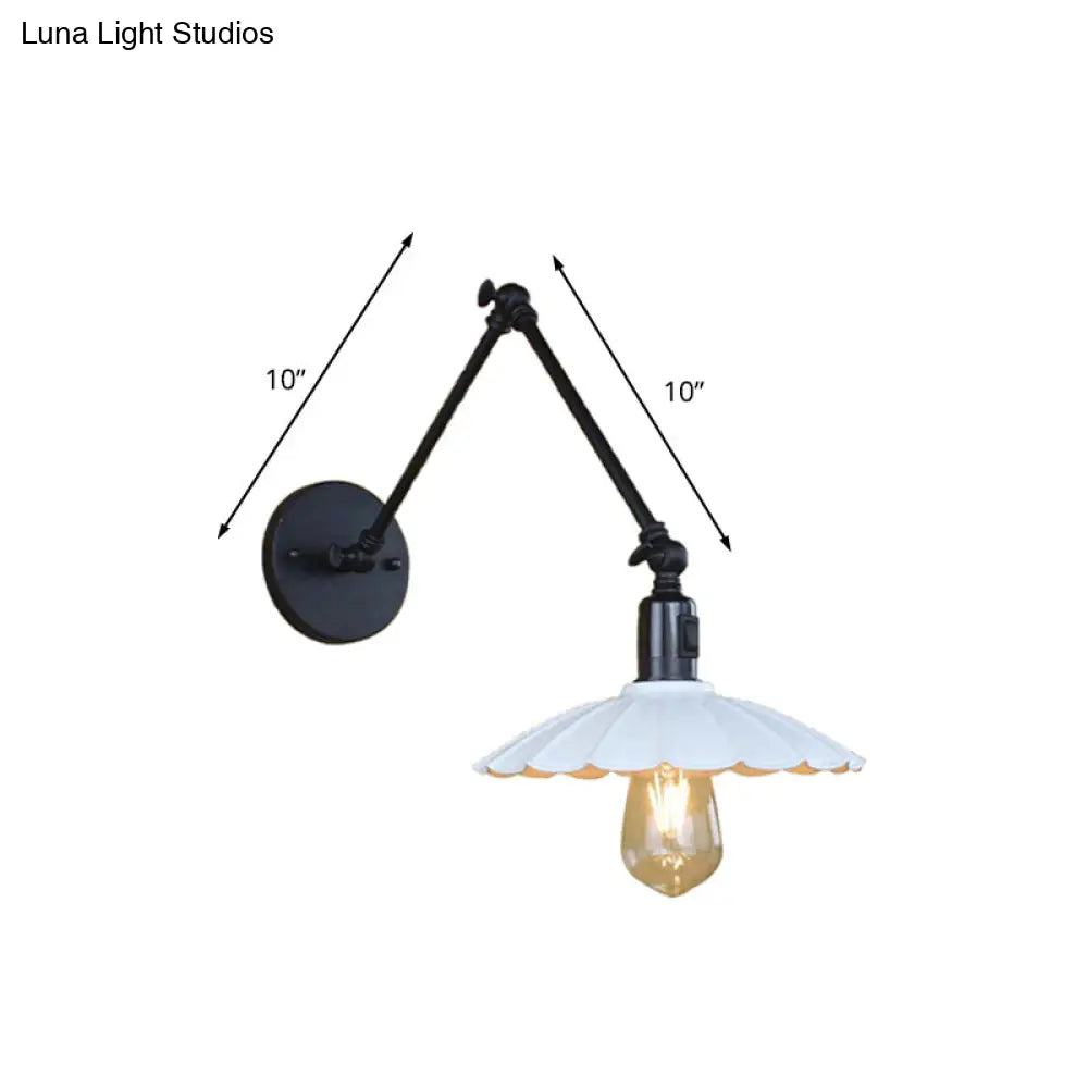Vintage Black/White Scalloped Wall Sconce With Swing Arm - Stylish Metal Design For Living Room