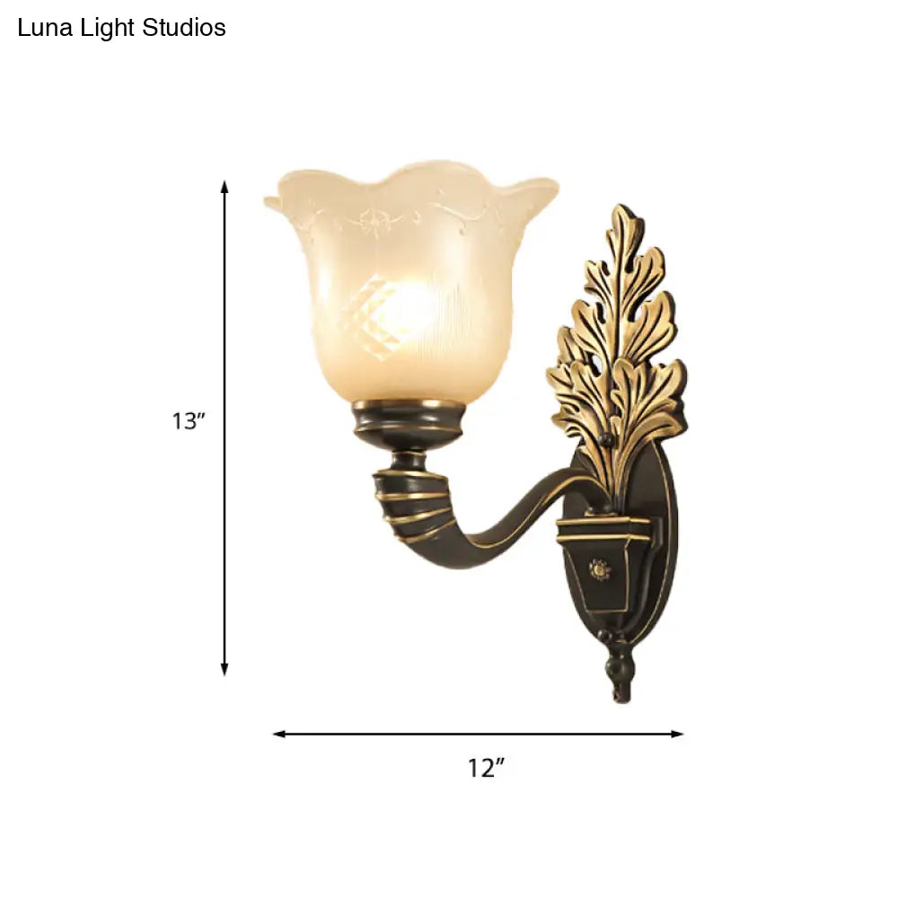 Vintage Blossom Carved Glass Wall Sconce In Black For Living Room - Half-Light Fixture With Curved