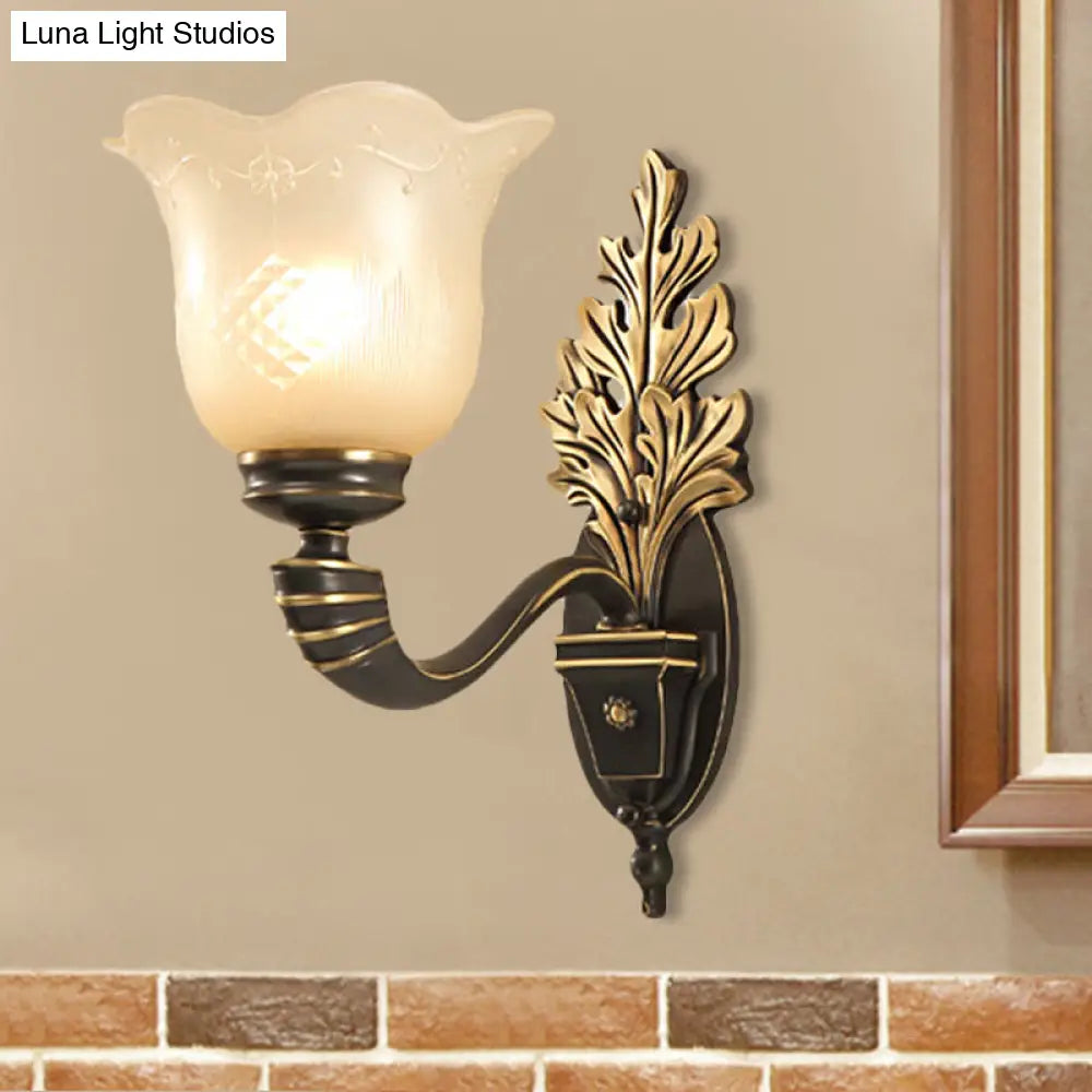Vintage Blossom Carved Glass Wall Sconce In Black For Living Room - Half-Light Fixture With Curved