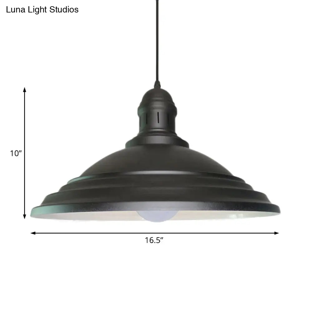 Vintage Bowl Hanging Ceiling Light - Black Metal 1-Head Pendant Lamp With Fluted Design For Balcony