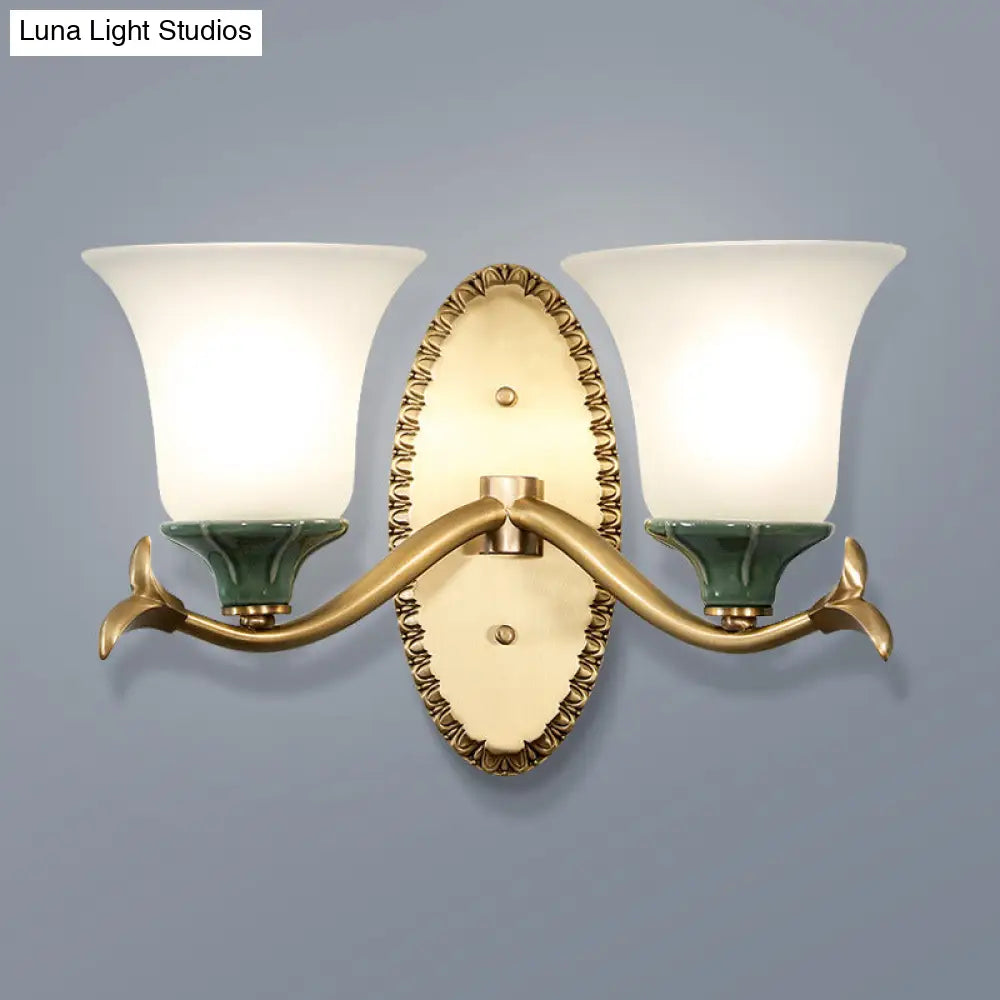 Vintage Brass Bell Sconce With Frosted Glass And Elliptical Backplate For Foyer Lighting