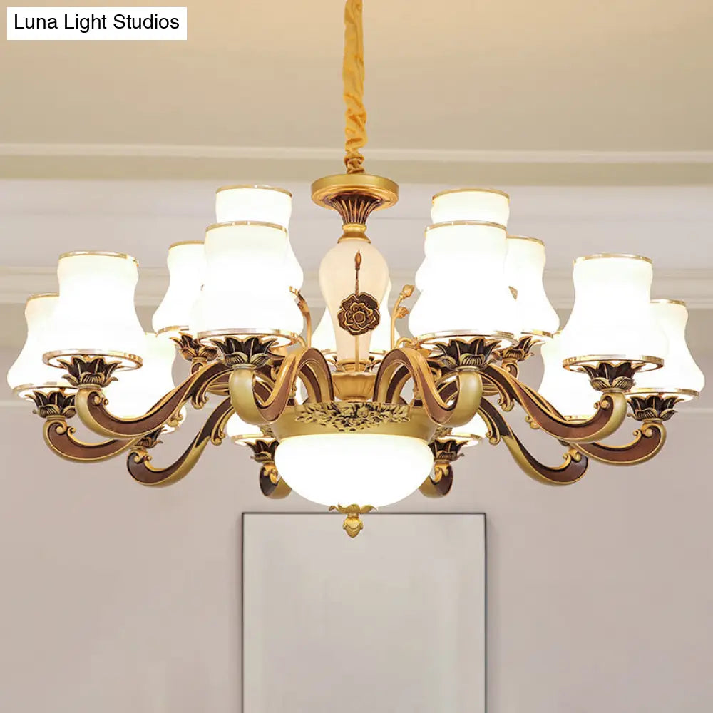 Vintage Brass Chandelier: White Glass Flared Design For Dining Room Lighting