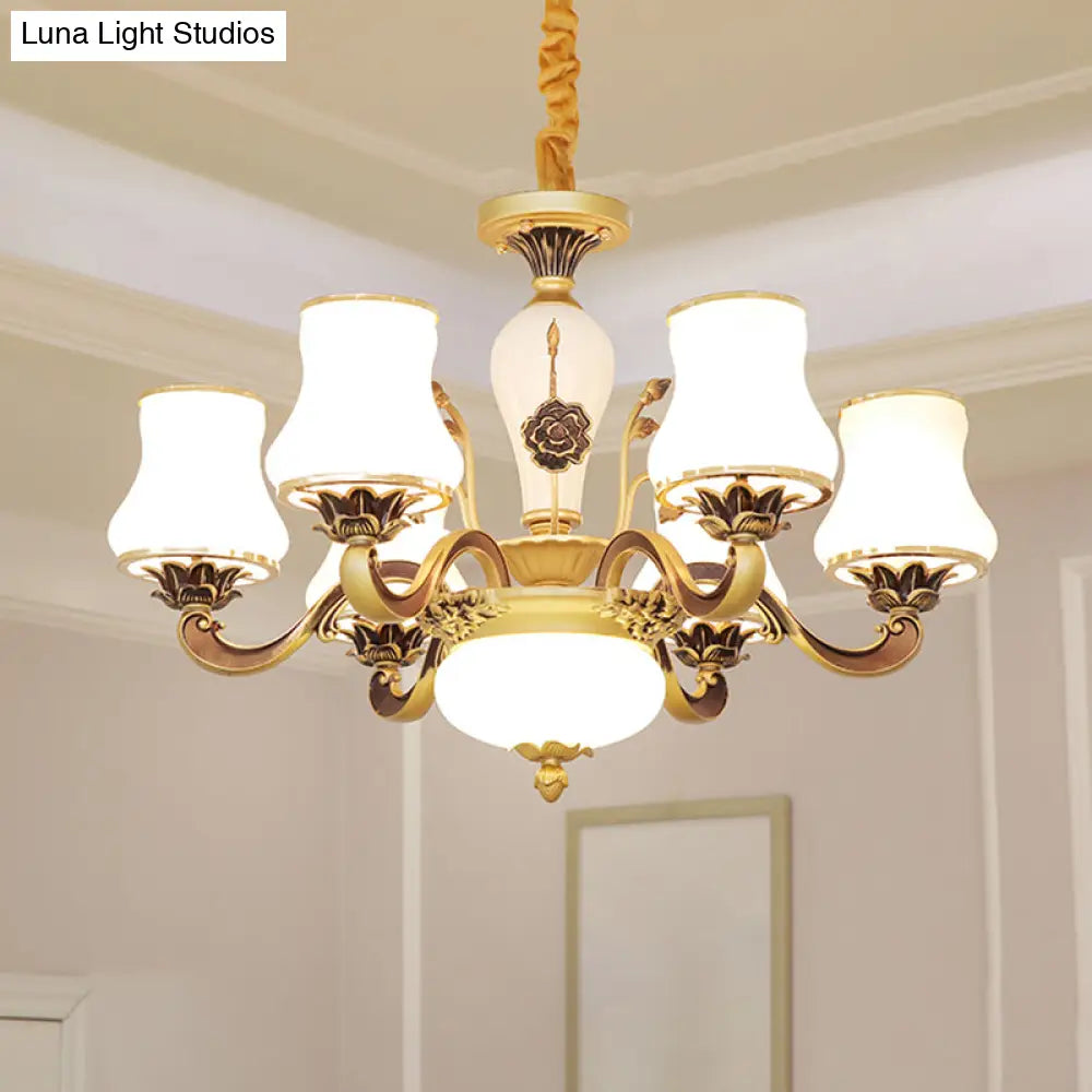 Vintage Brass Chandelier: White Glass Flared Design For Dining Room Lighting