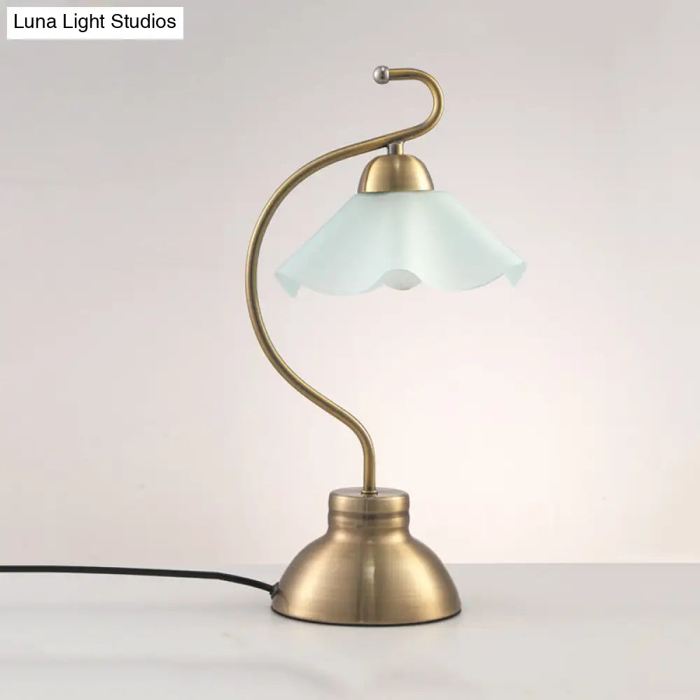 Vintage Brass Curvaceous Night Light Table Lamp With Ruffle Milk Glass Lampshade