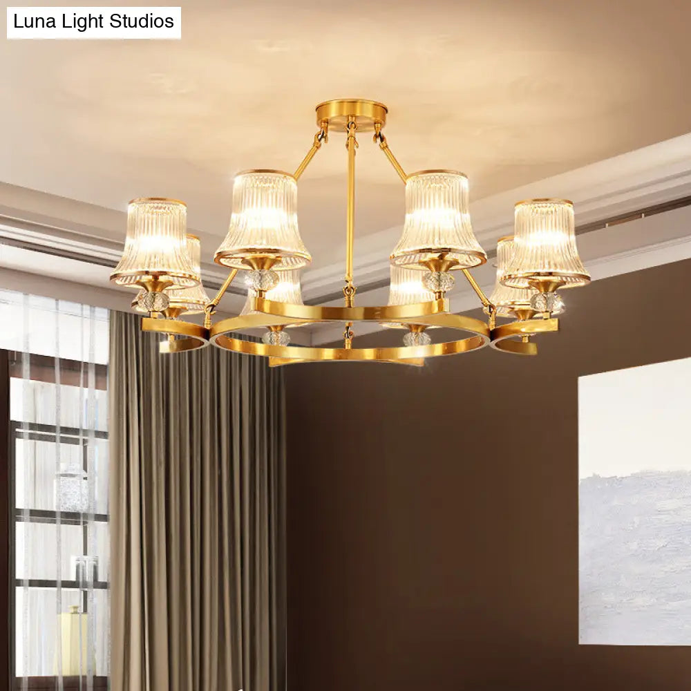 Vintage Brass Flared Chandelier With Clear Rib Glass - Living Room Pendant Light