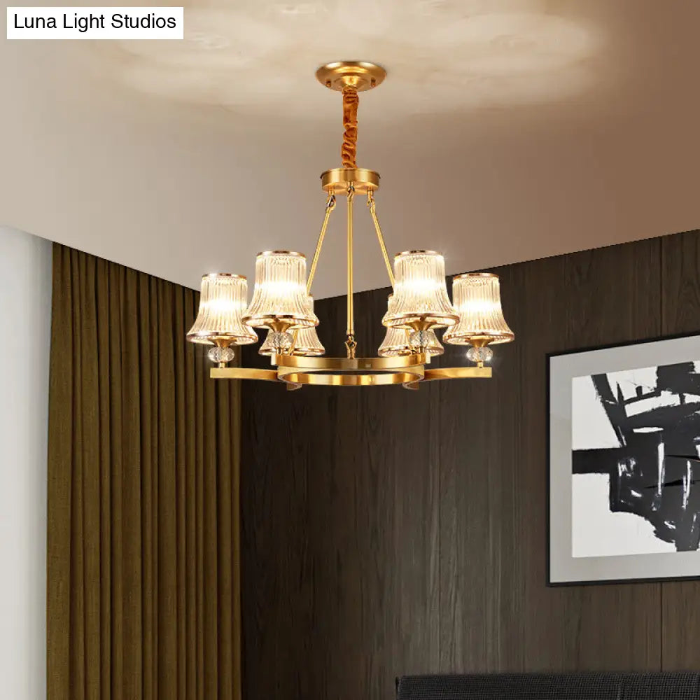 Vintage Brass Flared Chandelier With Clear Rib Glass - Living Room Pendant Light