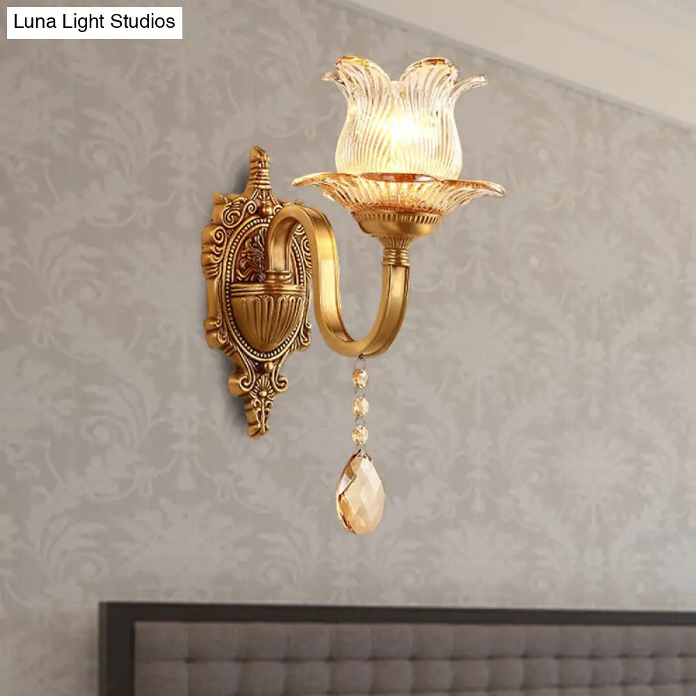 Vintage Brass Floral Sconce Light Fixture With Clear Prismatic Glass - Led Wall Mounted Lamp For