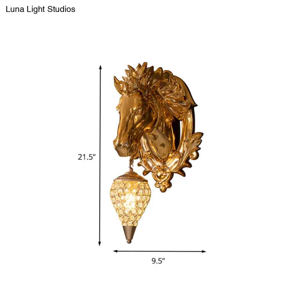 Vintage Brass Horse Sconce Light Resin Wall Mount With Metal And Crystal Shade - 9.5/12 Wide
