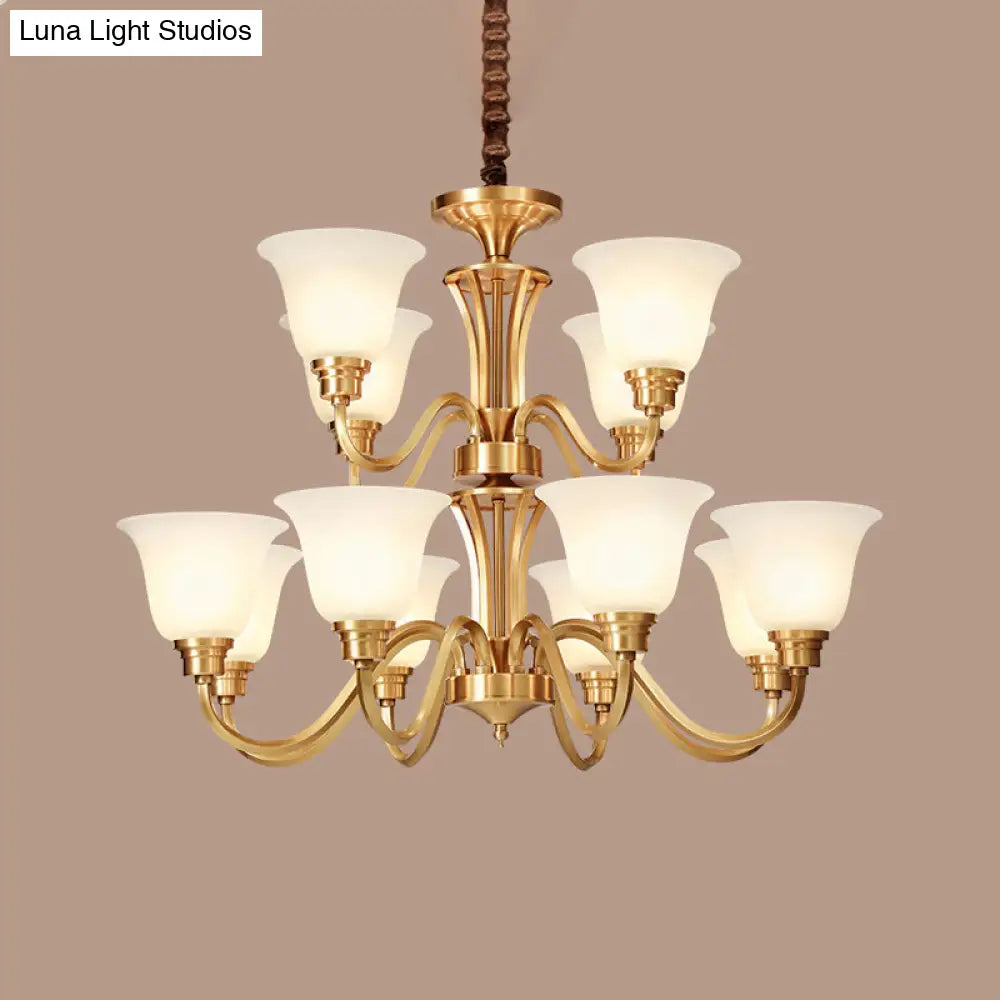 Vintage Brass Pendant Chandelier With Frosted Glass For Flared Stair Ceilings