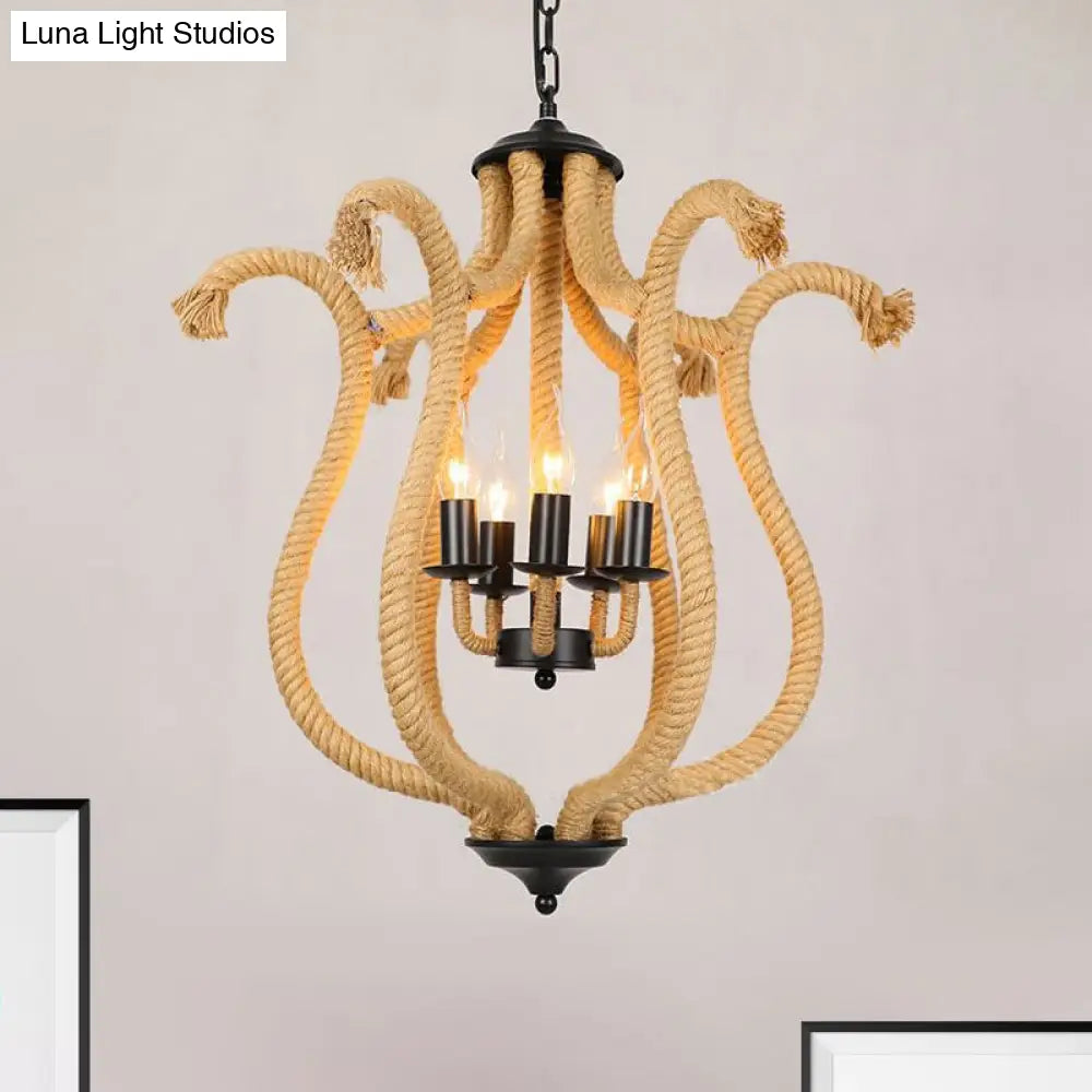 Vintage Brown 5-Head Roped Cage Chandelier With Flower Shade - Ideal For Restaurants