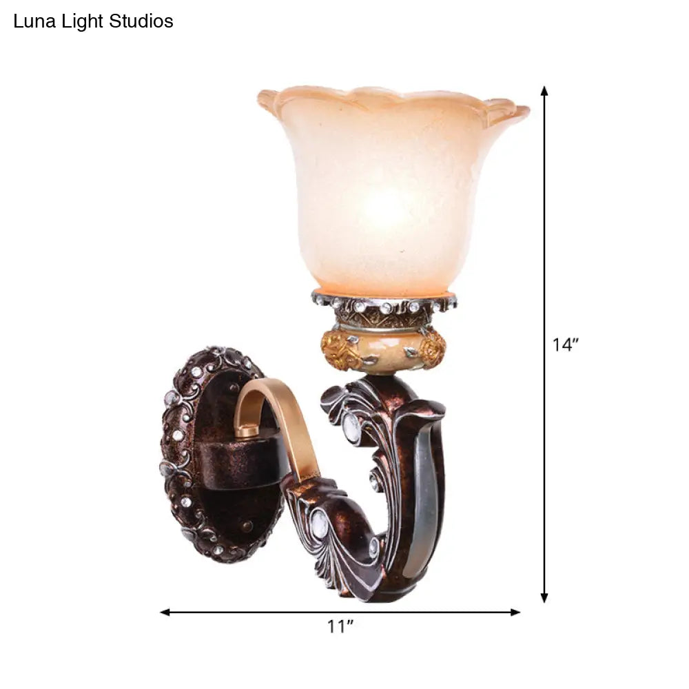Vintage Brown Half-Head Wall Lamp With Pink And White Floral-Shaped Glass - Retro Lighting Fixture