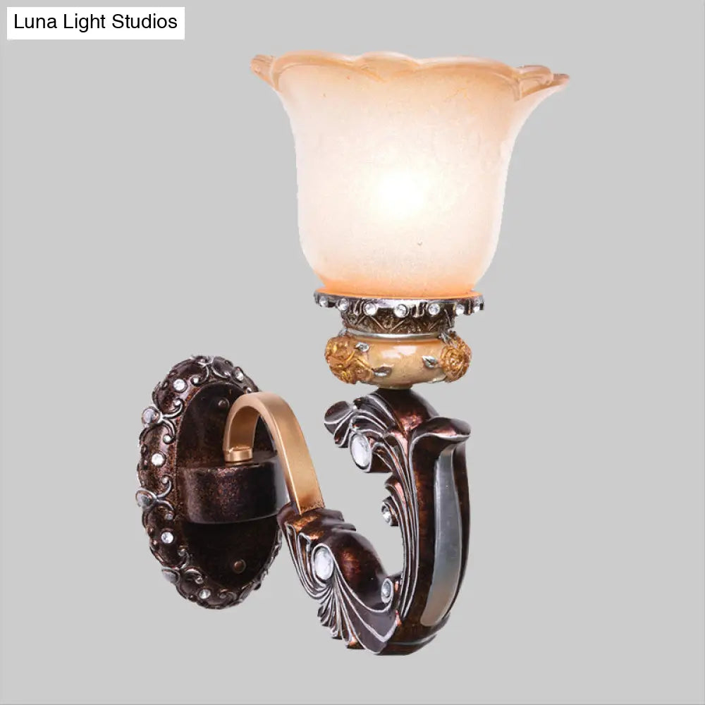 Vintage Brown Half-Head Wall Lamp With Pink And White Floral-Shaped Glass - Retro Lighting Fixture