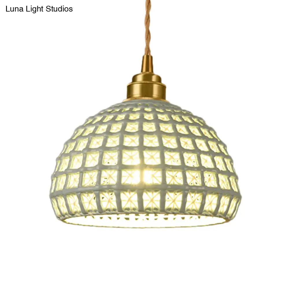 Vintage Ceramic Dome Suspension Lamp With Hollow Out Design Blue/Pink 1-Light Hanging Fixture