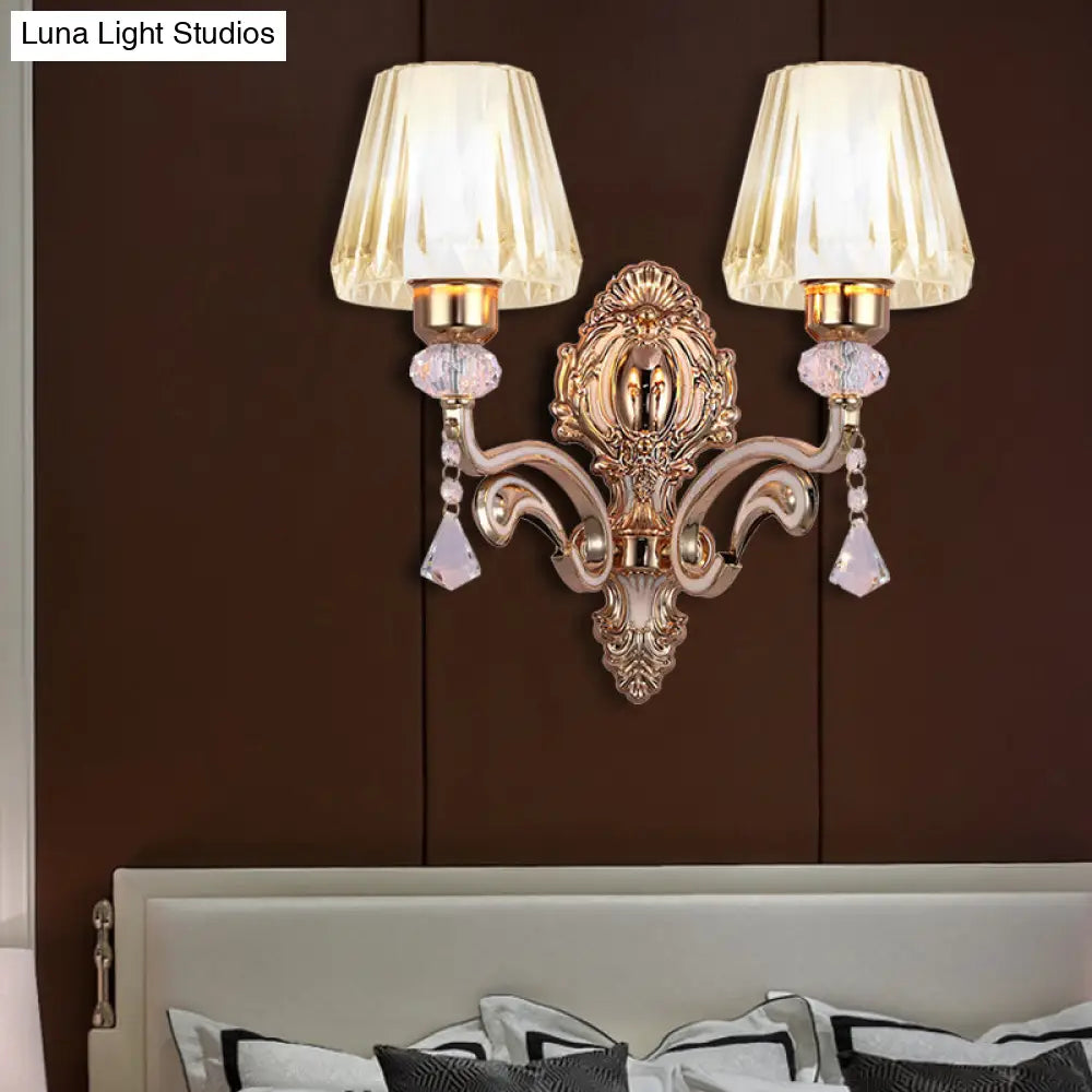 Vintage Cone Wall Lamp - Metal 2-Light Brass Sconce With Clear Glass Shade And Crystal Accent