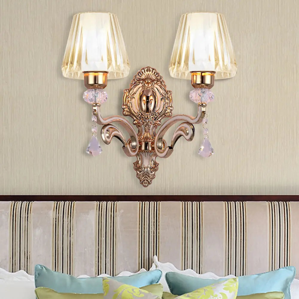 Vintage Cone Wall Lamp - Metal 2-Light Brass Sconce With Clear Glass Shade And Crystal Accent / B