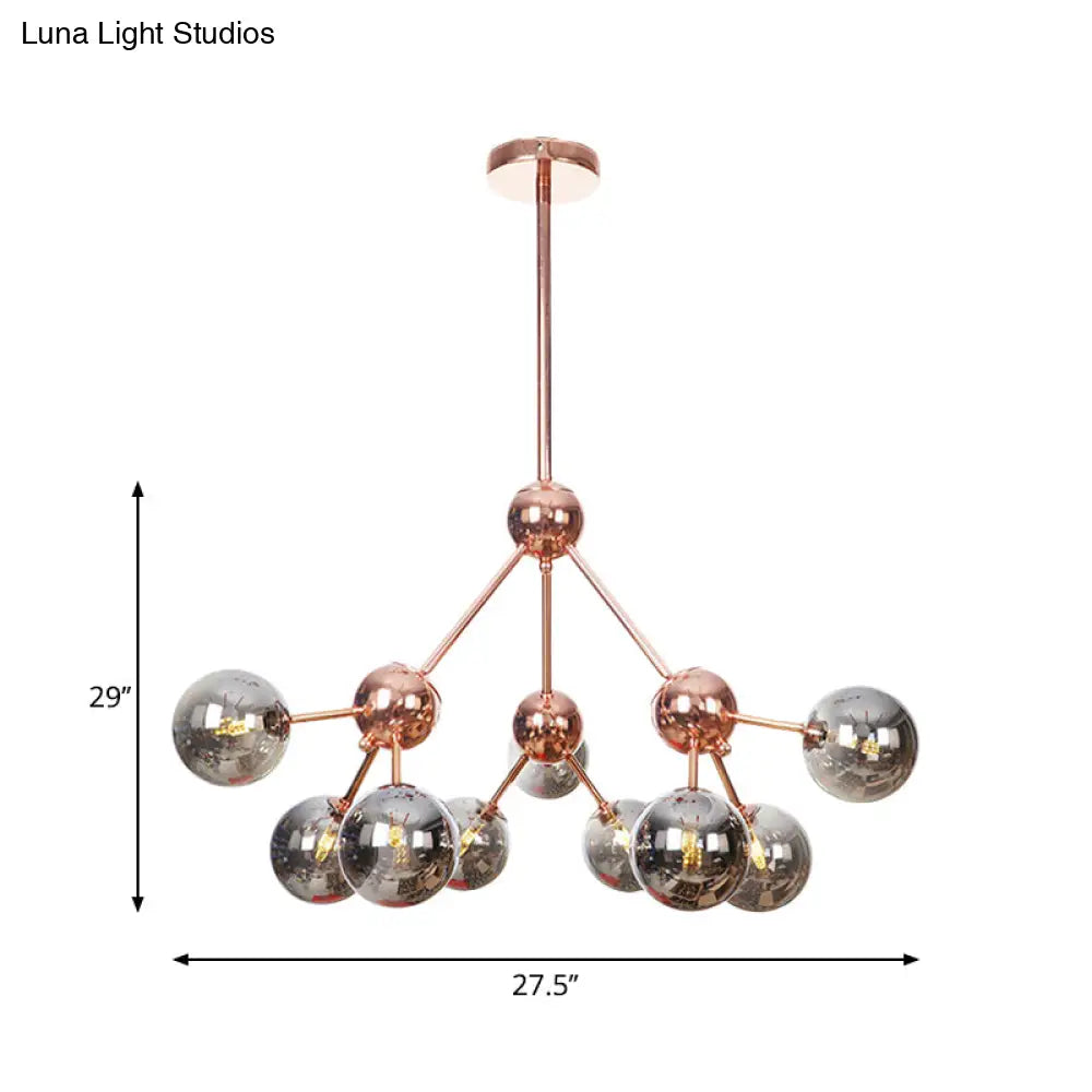 Vintage Copper Chandelier With Clear/Amber Glass Orb Shades - 3/9/12 Lights Branch Design
