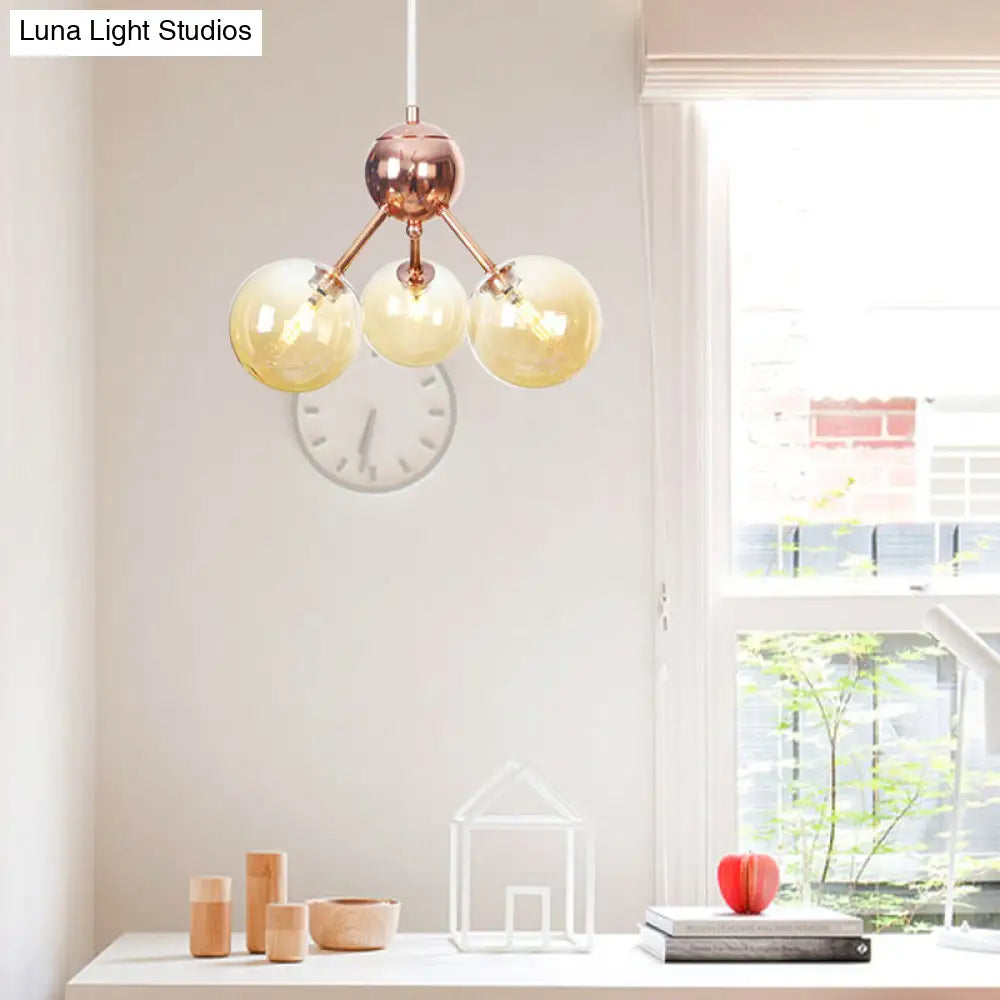 Vintage Copper Chandelier With Clear/Amber Glass Orb Shades - 3/9/12 Lights Branch Design