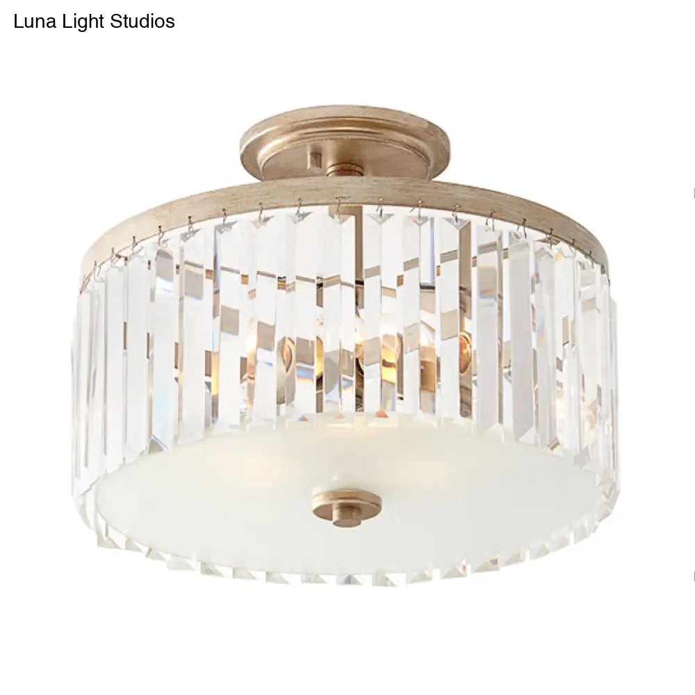 Vintage Crystal Block Ceiling Light With Clear Design - 3 Lights Semi Flush Mount For Bedroom Drum