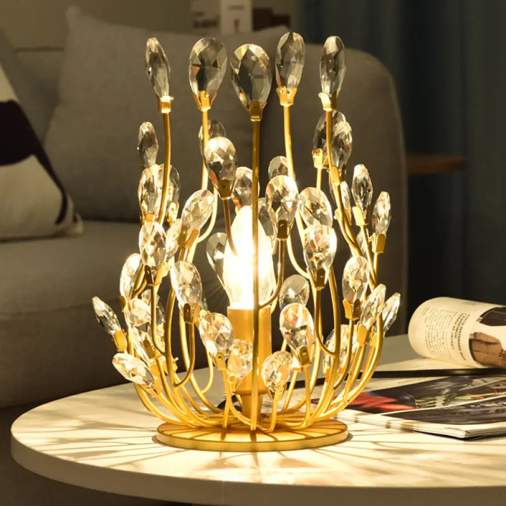 Vintage Crystal Flower Vine Table Lamp With Faceted Gold/Silver Finish - Elegant Hotel Nightstand