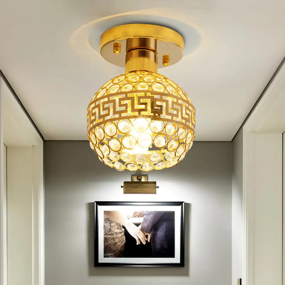 Vintage Crystal Gold Dome Ceiling Lamp With Oriental Trim And Inlaid Crystals - 1 Head Semi Mount