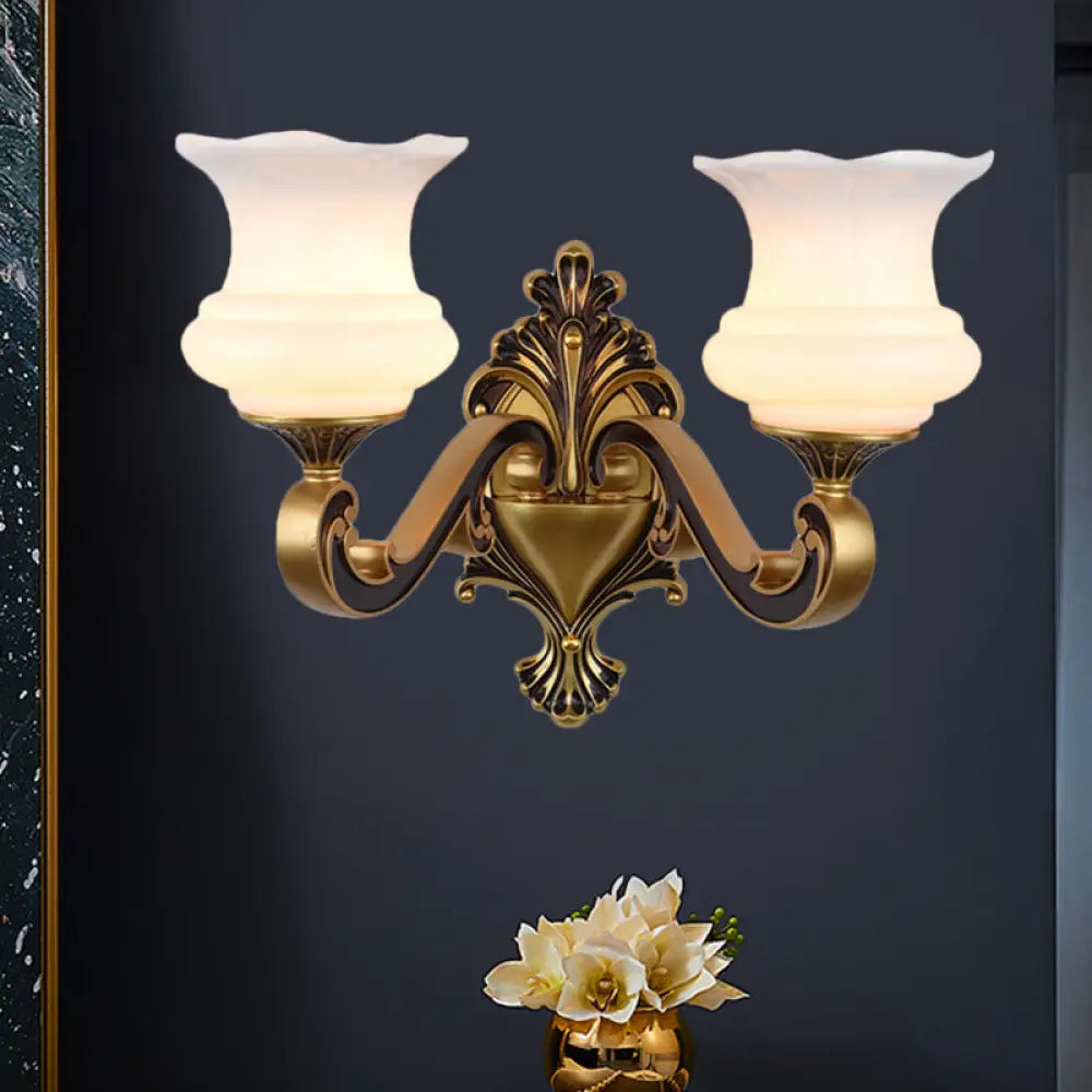Vintage Curved Arm Brass Wall Lamp With Flower Milk Glass Shade 2 / B
