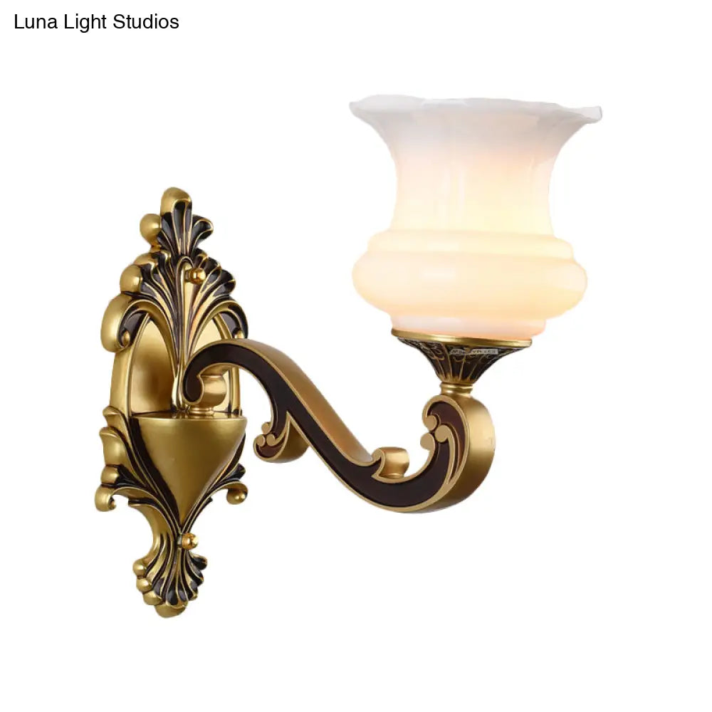 Vintage Curved Arm Brass Wall Lamp With Flower Milk Glass Shade