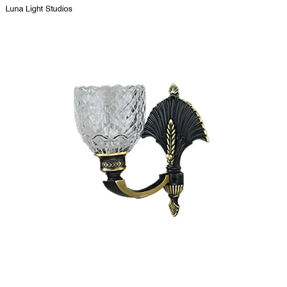 Vintage Dome Brass Wall Sconce With Curved Arm - 1/2-Light Clear Glass Fixture For Study Room