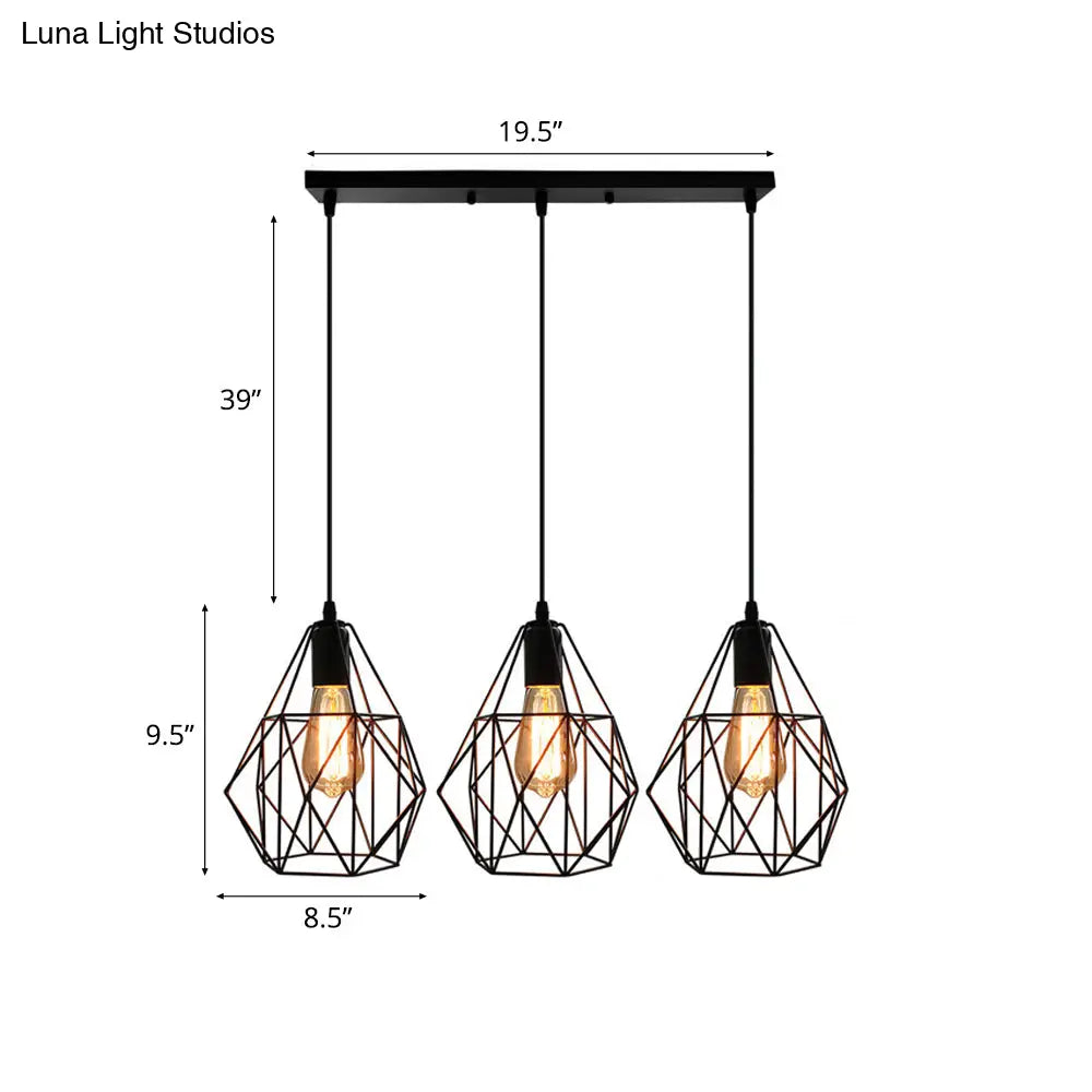 Vintage Faceted Cage Ceiling Fixture 3 Bulbs Pendant Lighting Black Metal For Dining Table