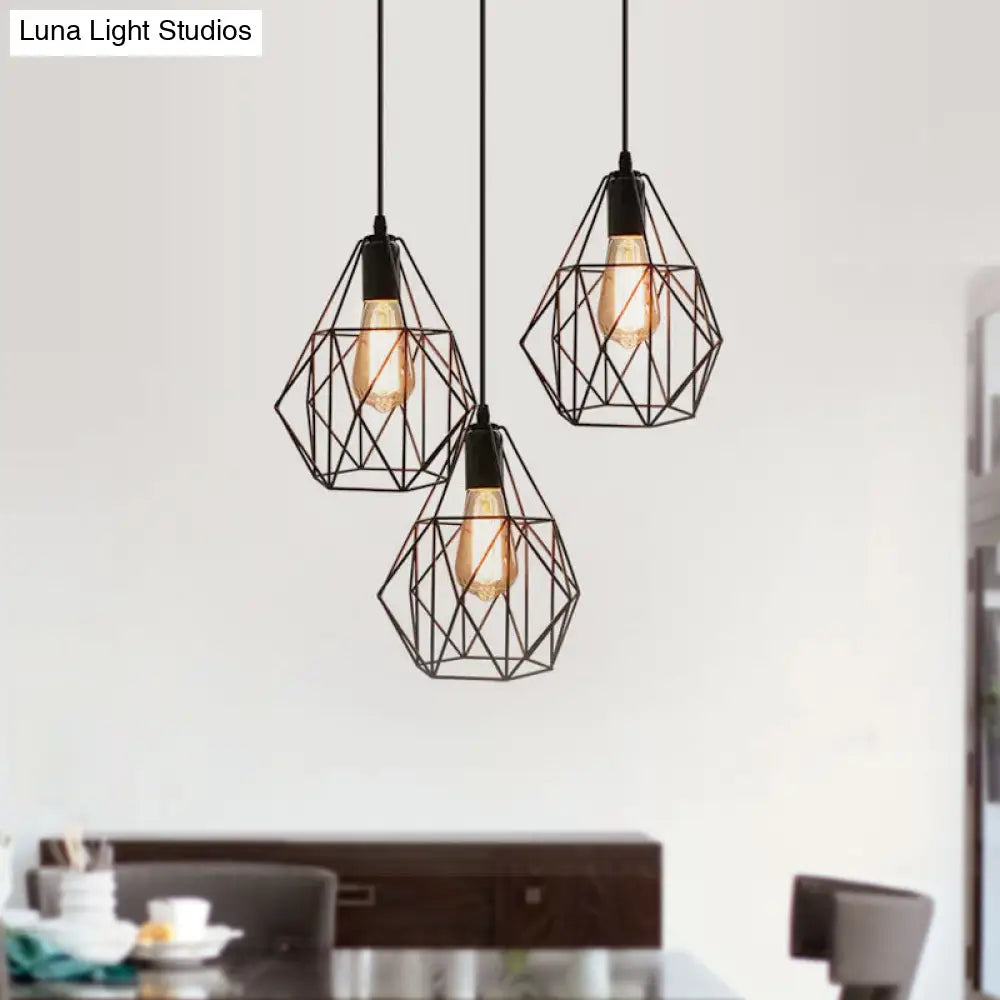 Vintage Faceted Cage Ceiling Fixture 3 Bulbs Pendant Lighting Black Metal For Dining Table