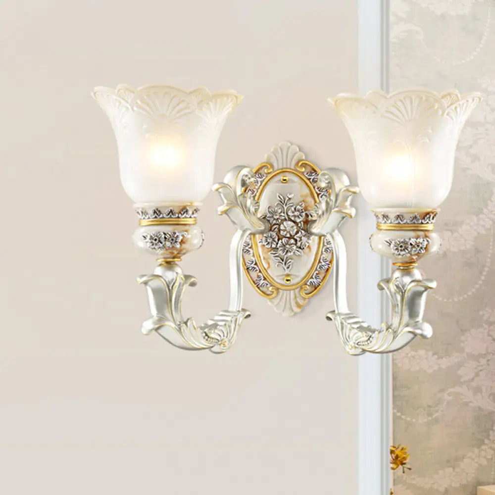 Vintage Floral Wall Lamp Kit With Frosted Glass Shade For Living Room Sconce Light In White-Gold 2 /