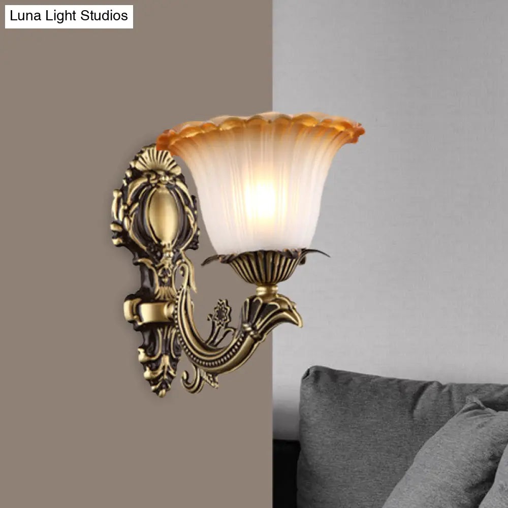 Vintage Floral Wall Sconce With Frosted Glass And Carved Brass Arm