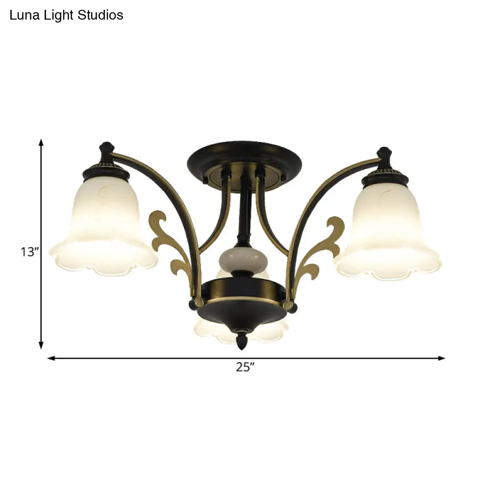 Vintage Floral White Glass Ceiling Lamp With 3/6/8 Lights For Dining Room - Semi Flush Mount In