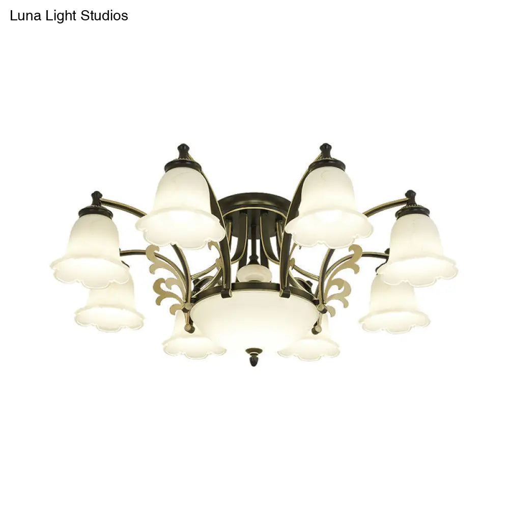 Vintage Floral White Glass Ceiling Lamp With 3/6/8 Lights For Dining Room - Semi Flush Mount In