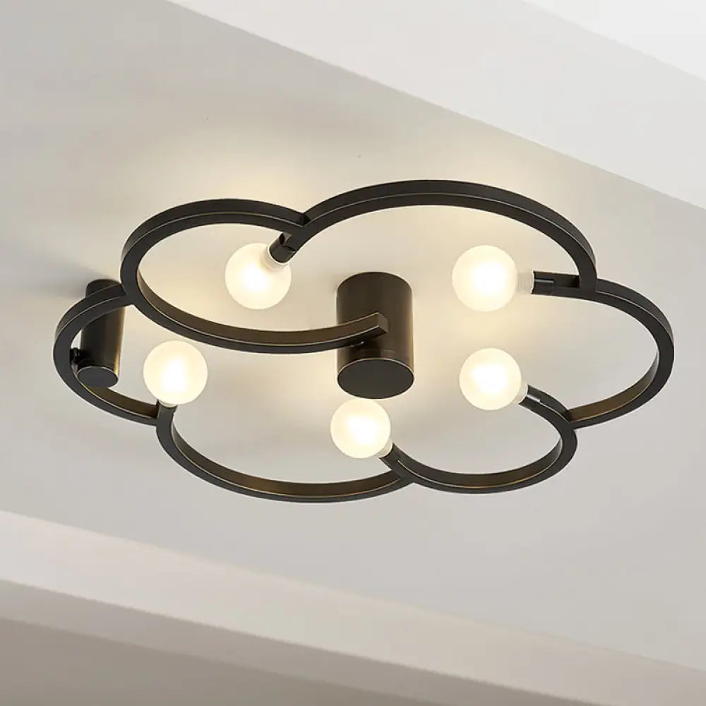 Vintage Flower Cage Iron Semi - Flush Mount Light Fixture For Bedroom - Black/Gold Finish 5 Bulb