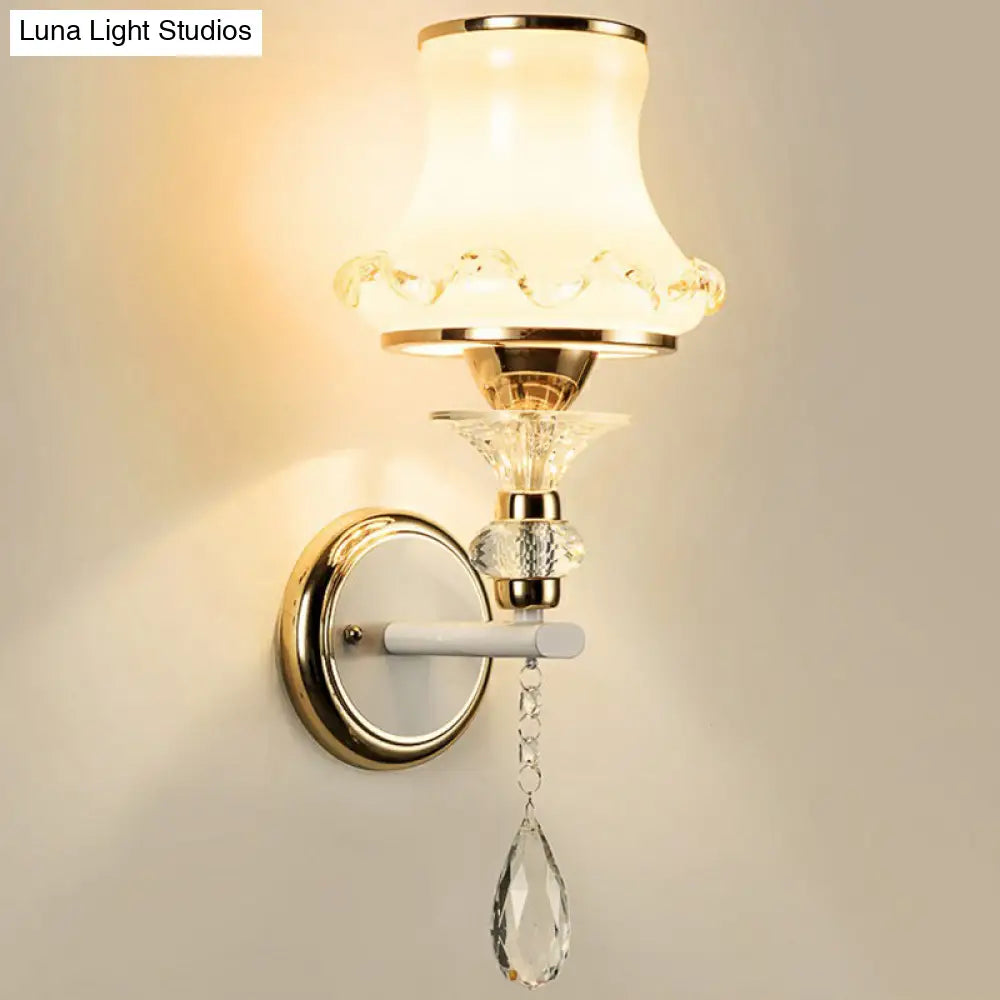 Vintage Frosted Glass Flared Wall Sconce With Crystal Accents For Living Room