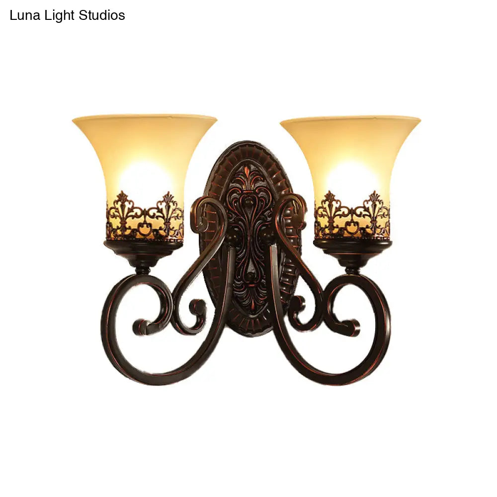 Vintage Frosted Glass Wall Sconce In Red Brown With Carved Backplate - Bedroom 1/2-Bulb Light