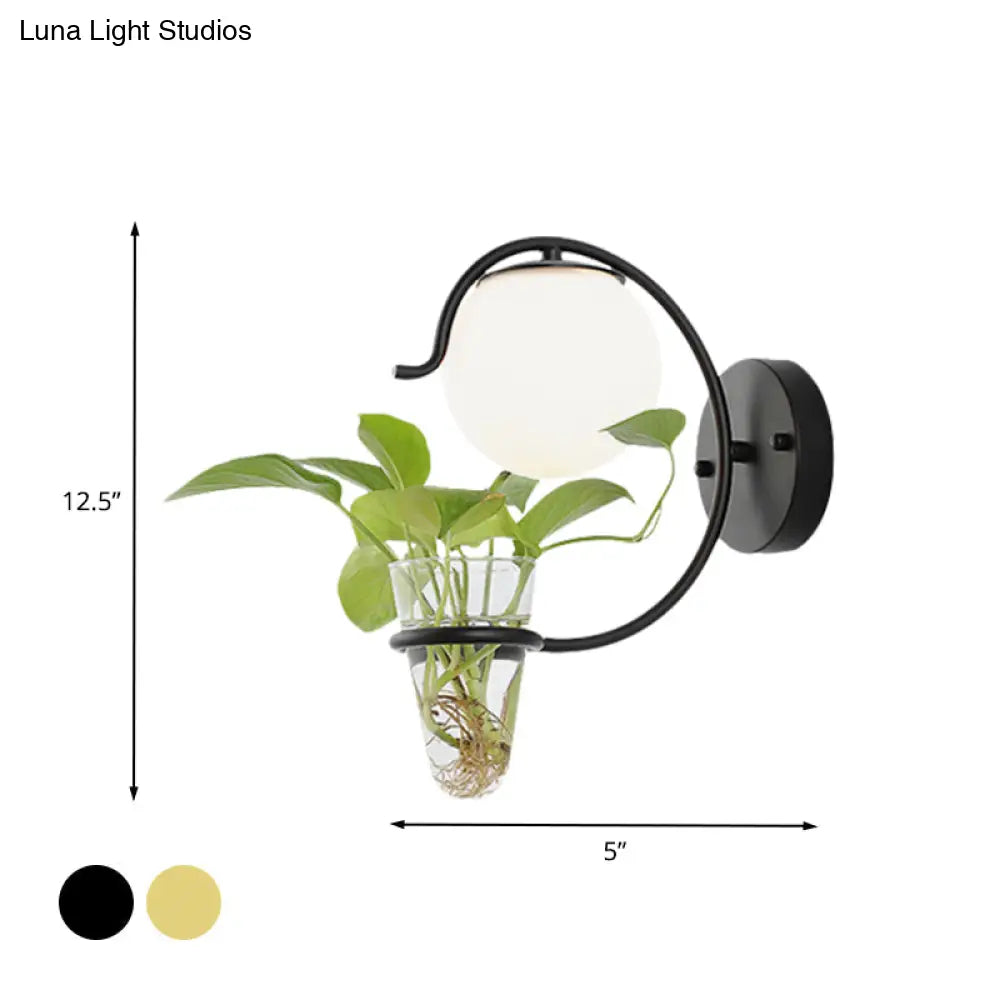 Vintage Glass Orb Sconce: Cream/Smoke Gray 1-Bulb Bedroom Wall Lamp In Black/Gold With C-Shaped Arm