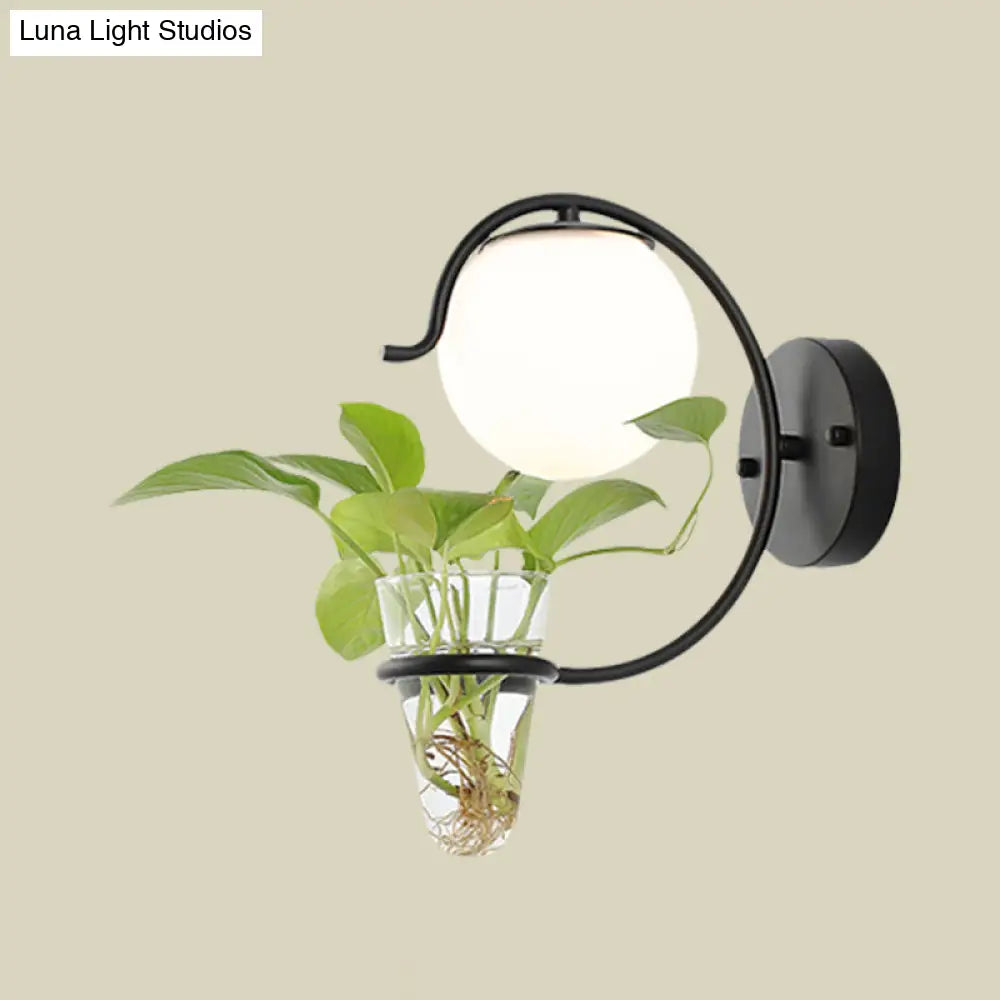 Vintage Glass Orb Sconce: Cream/Smoke Gray 1-Bulb Bedroom Wall Lamp In Black/Gold With C-Shaped Arm